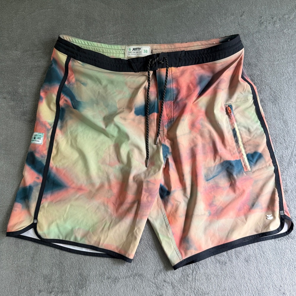 Jetty Board Shorts Mens 38 Watercolor Tie Dye Multi Color Swim Trunks Pocket